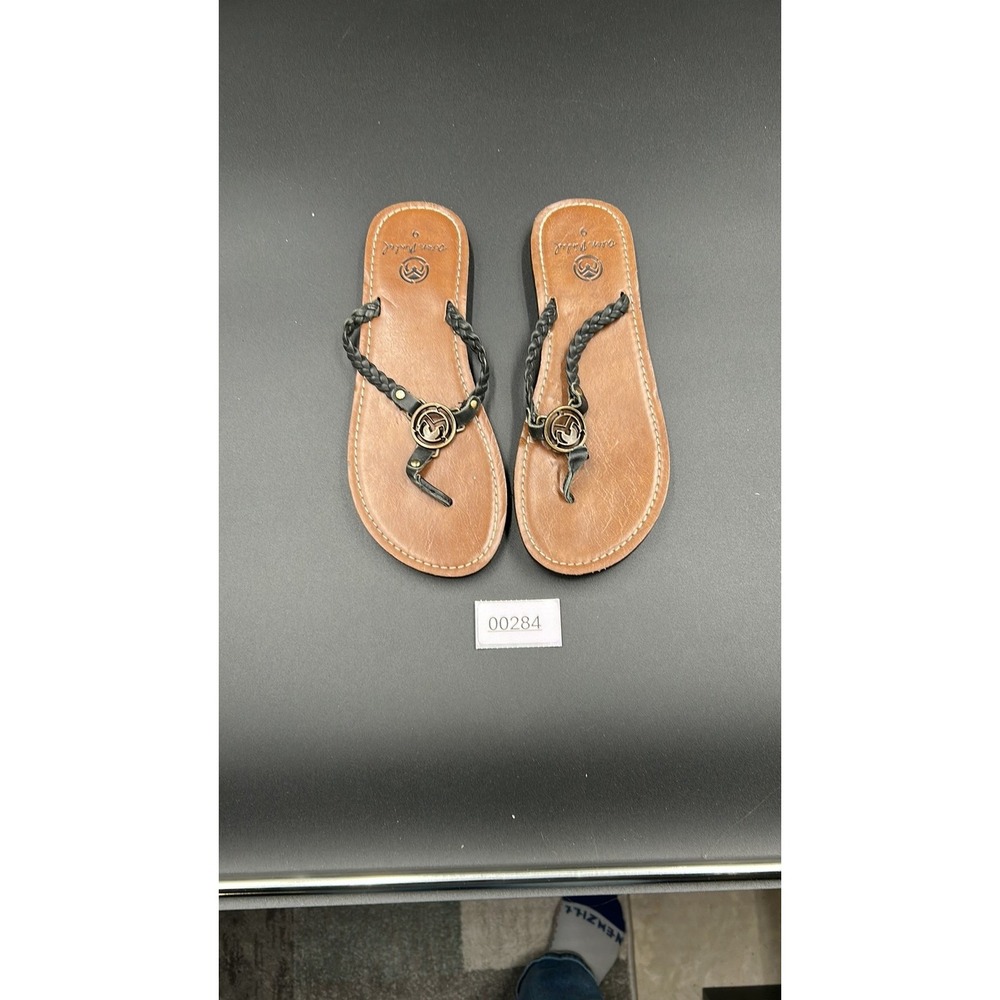 Ocean Minded Leather Braided T-Strap Sandals Womens 9 Tan Black Bohemian Surf